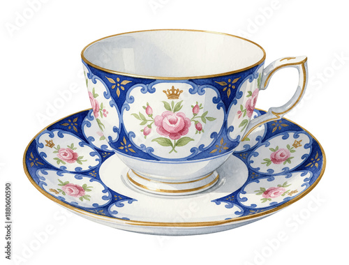 Elegant royal blue pink rose floral teacup and saucer with gold trim ornate watercolor illustration