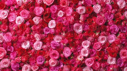 A seamless pattern of vertically arranged bright pink and red roses, designed as a full-bleed clipart background for a romantic Valentine's Day.