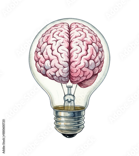 Human Brain Placed Inside a Clear Light Bulb Representing Brilliant Ideas and Intelligent Thinking
