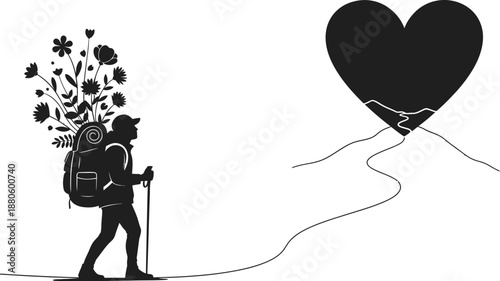 Silhouette hiker carrying blooming flowers in a backpack follows a winding path toward a large heart shape symbolizing love.