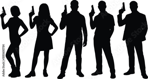 Secret agent silhouettes with guns, spy team standing in line, action thriller concept, espionage security illustration for stock photography design