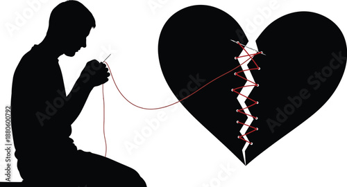Silhouette of a person mending a large black broken heart with a red thread and needle symbolizing recovery and emotional healing