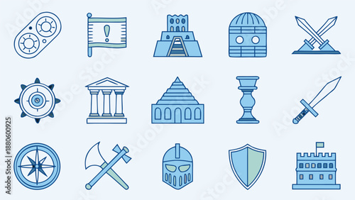 A set of light blue historical vector icons featuring ancient landmarks, medieval weaponry, and historical defense architecture symbols