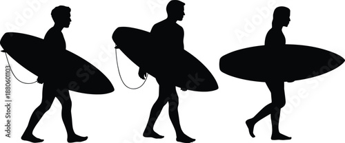 Surfboard silhouette, walking surfers, beach lifestyle, ocean activity, black illustration, surf culture, coastal motion, group pose, water sport, tropical vibe