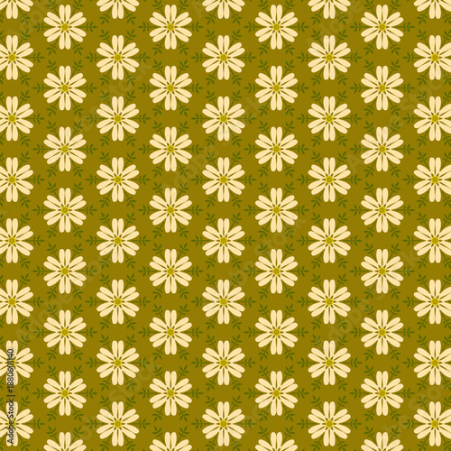 Simple floral, botanical pattern Colorful tiny stylized wildflowers and creamy daisies on an olive green background