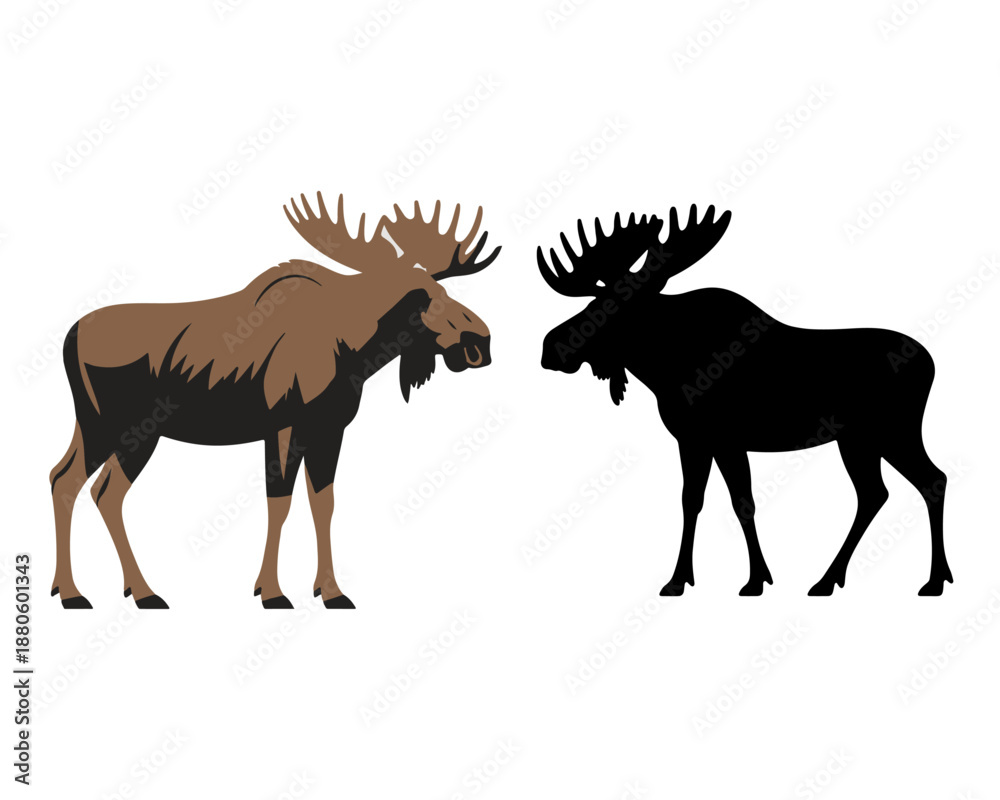 Fototapeta premium Moose vector illustration set with brown colored profile and black silhouette.