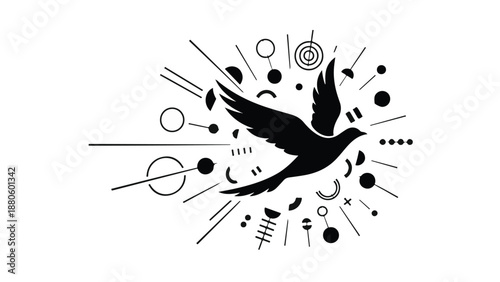 Silhouette of a bird soaring through abstract geometric shapes and radiating lines, symbolizing freedom and creativity.