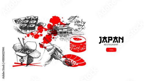 Japanese food hand drawn background. Asian cuisine collage for menu, poster, branding. Vintage sketch sushi vector illustration.