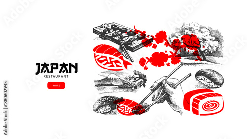 Japanese food hand drawn background. Asian cuisine collage for menu, poster, branding. Vintage sketch sushi vector illustration.