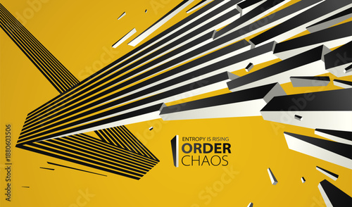 Debris particles exploding in chaos vector abstract background, entropy is rising to decay and disorder, elements flying in motion, 3D wallpaper.