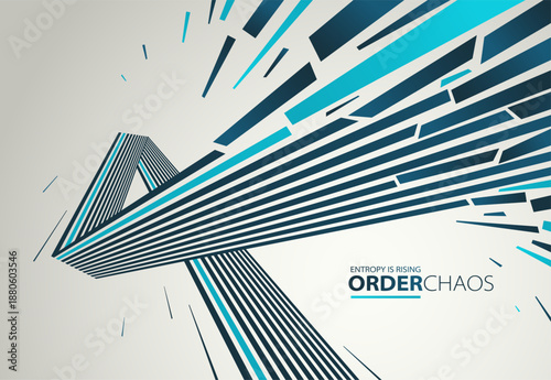 Entropy concept vector abstract background with debris flying in chaos, destruction theme wallpaper, exploded pieces disorder 3D design