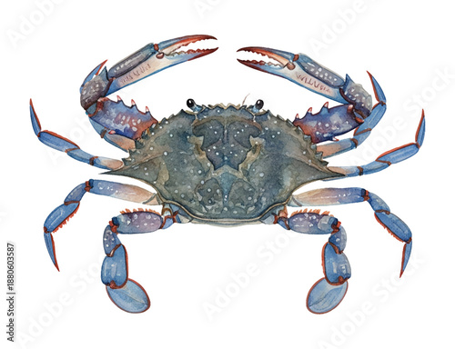 Detailed Blue Crab Watercolor Illustration Isolated on White Background with Raised Claws and Intricate Texture