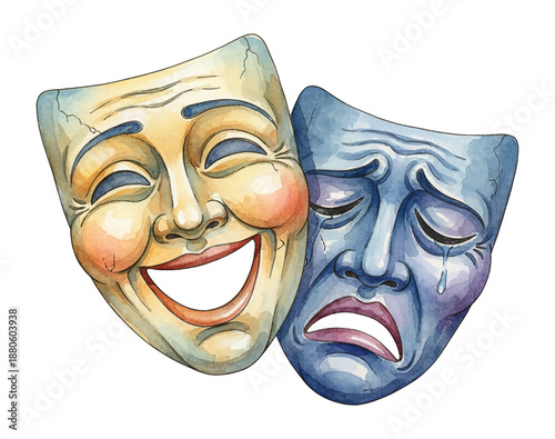 Theater Masks Comedy Tragedy Happy Sad Drama Watercolor Illustration Artistic Expression