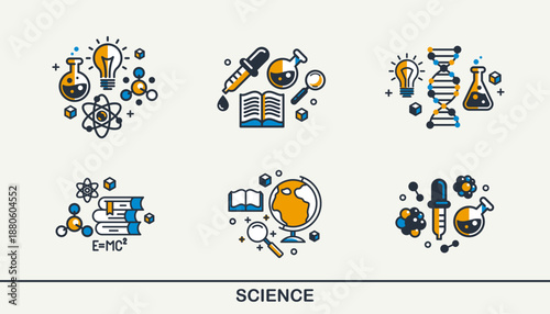 Science vector detailed icons set, school and university education bundle, scientific study and research, physics and chemistry.
