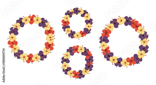 Multiple floral wreaths made of colorful hibiscus flowers in shades of yellow, purple, and orange arranged on a clean white background for decor.
