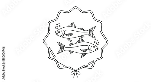 Simple line drawing illustration showing two fish swimming together inside a classic scalloped frame with a small bow detail at the bottom center.