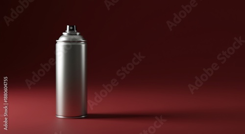 Silver spray can on red background, aerosol container for art or industry use, metal cylinder with nozzle