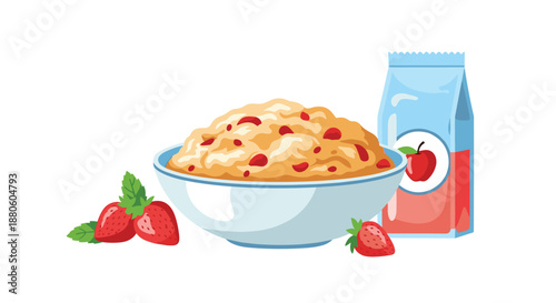 Hearty bowl of oatmeal topped with dried fruit served next to fresh strawberries and a carton of apple juice or milk for a healthy breakfast.
