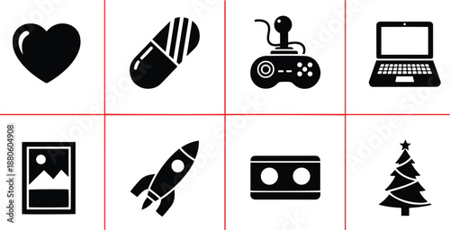 Vector set of icons for web featuring a professional design collection of business technology symbols and kitchen food equipment illustration signs