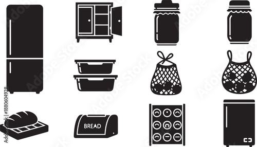 Vector icon set of household appliances and bathroom equipment featuring a kitchen microwave oven and electric home technology symbols for office or restaurant design
