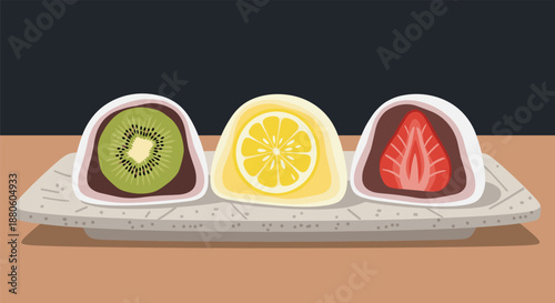 Platter of three different types of fruit daifuku mochi filled with kiwi, lemon, and strawberry slices for a delicious traditional Japanese dessert.