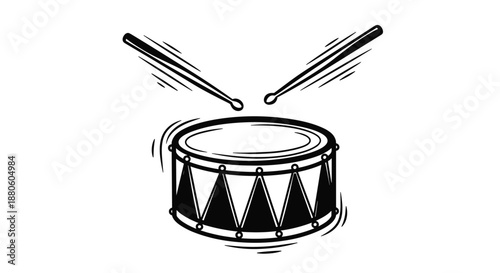 Stylized line drawing of a snare drum with two drumsticks emphasizing rhythmic action and musical performance for creative graphic designs.