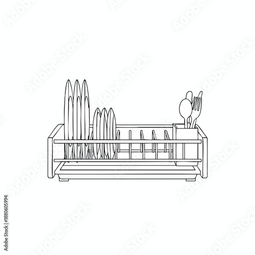 Dish rack with clean utensils and kitchenware