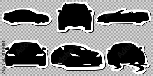 Car silhouette stickers set, black vector auto icons collection with sedan, coupe and convertible views isolated on transparent background