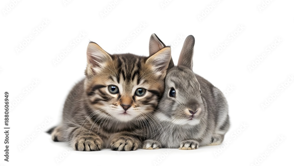 Fototapeta premium Cute Kitten and Rabbit Isolated on White