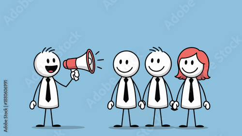 A happy stick figure character holding a megaphone and speaking to a small smiling audience