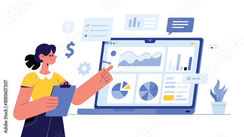 A happy woman is pointing at a laptop screen showing various business analytics and financial charts