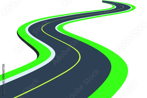 Abstract winding road with orange and white stripes on dark white background. Vector. Road Vector Illustration - A Journey Towards the Horizon on a white Background. Winding Road Curve Illustration.