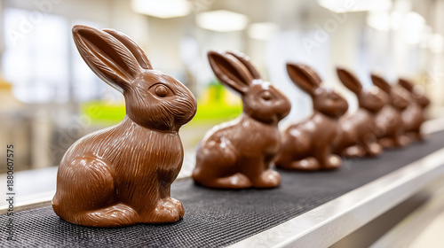 Luxury Black Chocolate Easter Bunnies on Factory Conveyor Belt