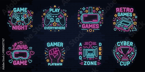 Neon gaming icon set on brick wall, vibrant illustrations with controllers, trophies, VR headsets, stars, hearts, and celebratory text
