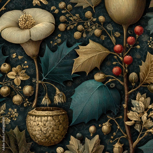 Botanical Illustration of Flora with Leaves and Flower Elements