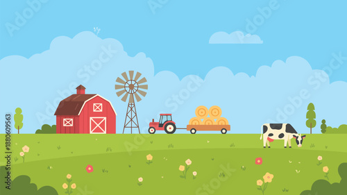A peaceful farm landscape features a red barn, windmill, tractor pulling hay, and a grazing cow