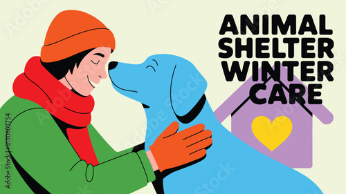 A person provides comfort and care to a happy blue dog in a winter animal shelter setting
