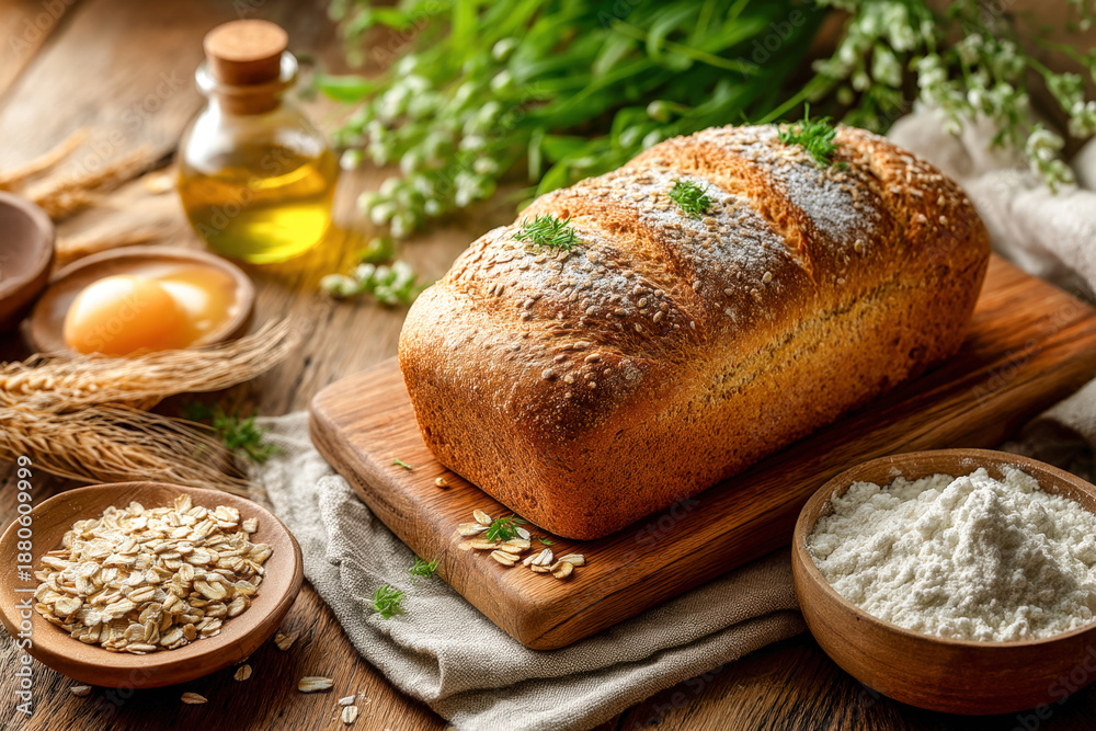 Naklejka premium Artisanal whole grain bread loaf with oats, seeds, and flour on rustic wooden table