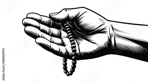 A persons hand gently holds prayer beads in a monochrome drawing style symbolizing peace and devotion