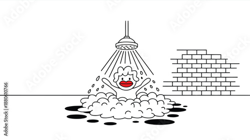 A simple cartoon figure with red lips joyfully showers amidst bubbles and water streams