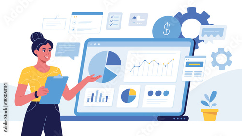 A smiling female professional analyzing business data and financial reports on a laptop dashboard