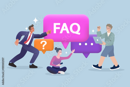 Customer support and FAQ concept. Business team interacting with speech bubbles, question marks, and FAQ icons to represent professional assistance, information center, and help desk services.