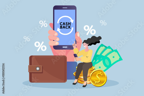 Online cashback rewards concept. A happy woman sitting on coins with a giant smartphone and wallet, representing money back benefits from mobile shopping and digital payments.