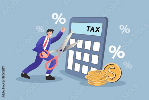 Tax reduction and financial optimization concept featuring a businessman cutting costs on a calculator. Modern flat vector illustration for accounting, tax savings, and business economy.