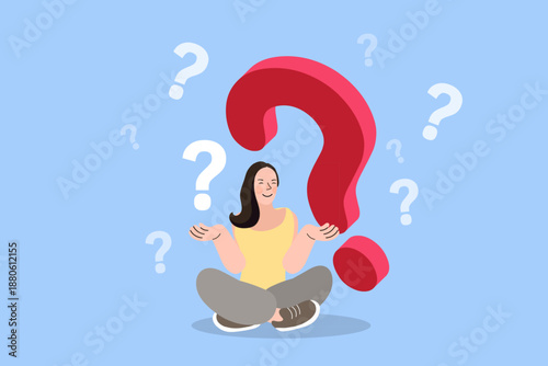 Woman with question marks illustration representing confusion and decision making. Modern flat vector character finding answers for FAQ, problem solving, and customer support concepts.