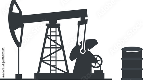 oil pump jack and barrel on a white background, symbolizing energy extraction