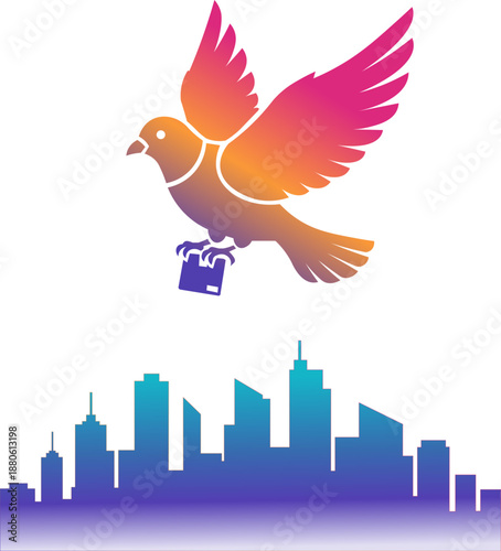 delivery pigeon carrying a package over a city skyline, symbolizing delivery