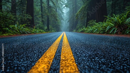 Road winding through California redwood forest with misty trees background, wide angle shot with copy space for travel and nature themes
