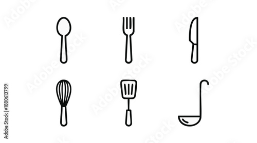 Kitchen Utensils Line Icons Set for Cooking and Dining Essentials