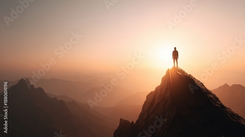 Lone man standing on mountain summit at sunset, embracing the panoramic view and serene horizon.
